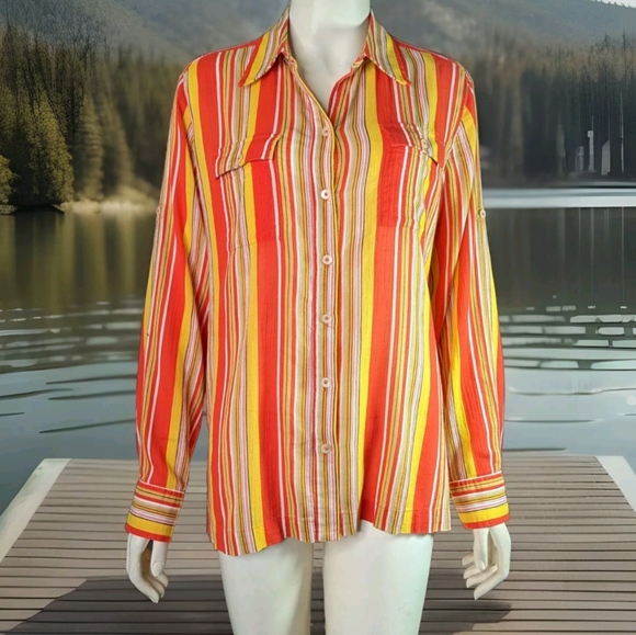 Jones New York Tops - Orange Red Yellow Striped Blouse M Jones New York